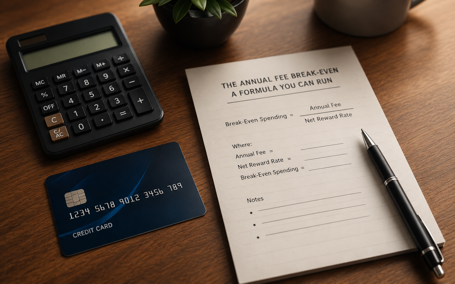 A calculator, credit card, pen and formula sheet on a wooden desk.