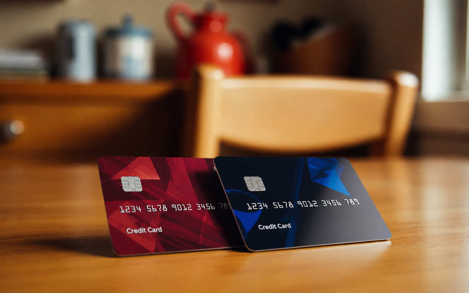 Two credit cards on a kitchen table.