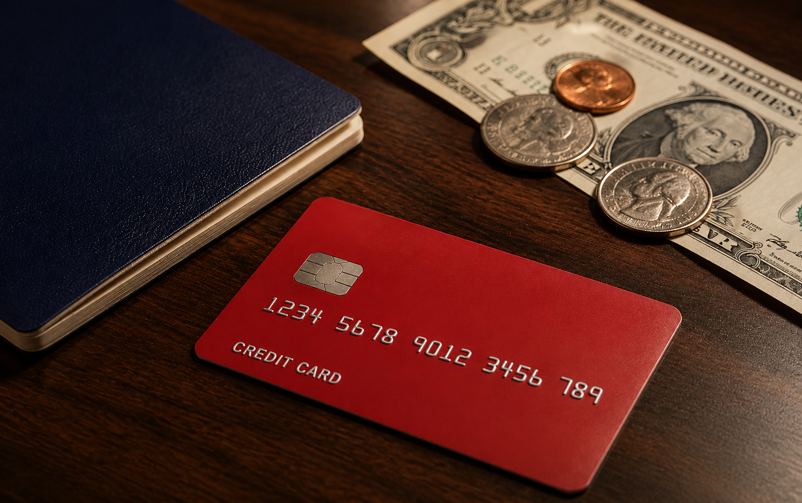 A red credit card on a dark wood desk beside US dollars, coins, and a navy notebook.