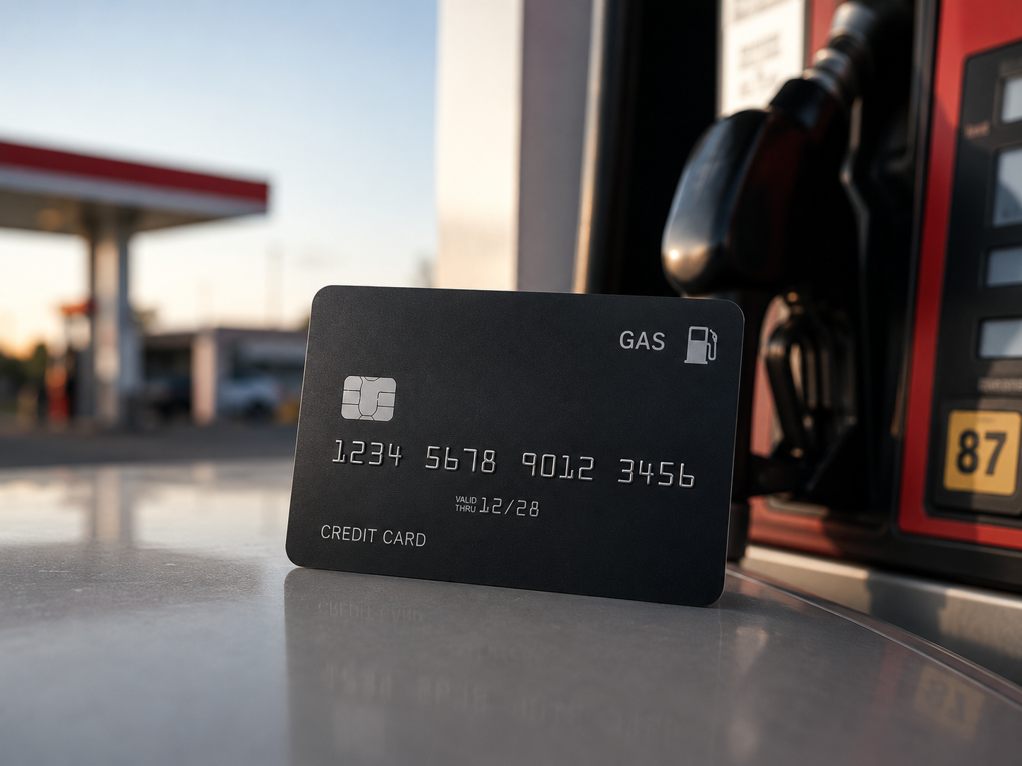 A black credit card at a gas station pump.