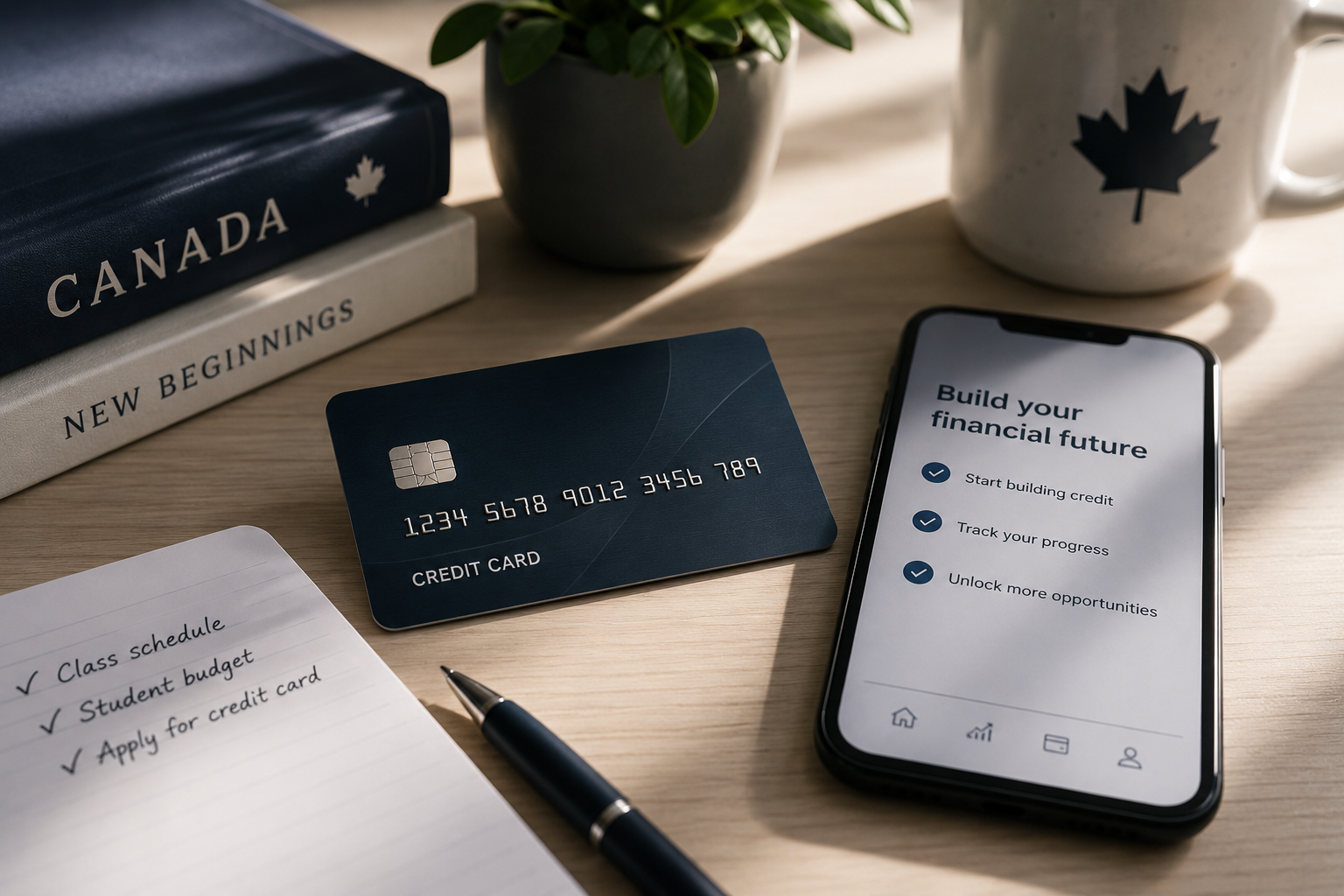 A Canadian student desk with a credit card, phone showing financial goals, and a notebook listing student budget tasks.
